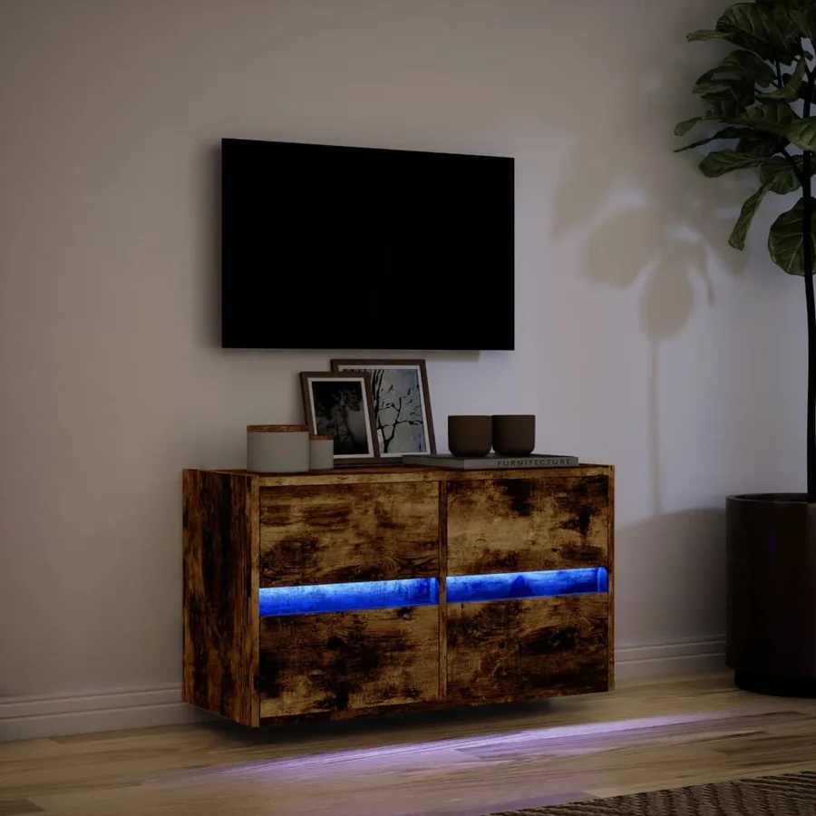 Meuble TV mural avec lumières LED chêne fumé 80x31x45 cm - 5