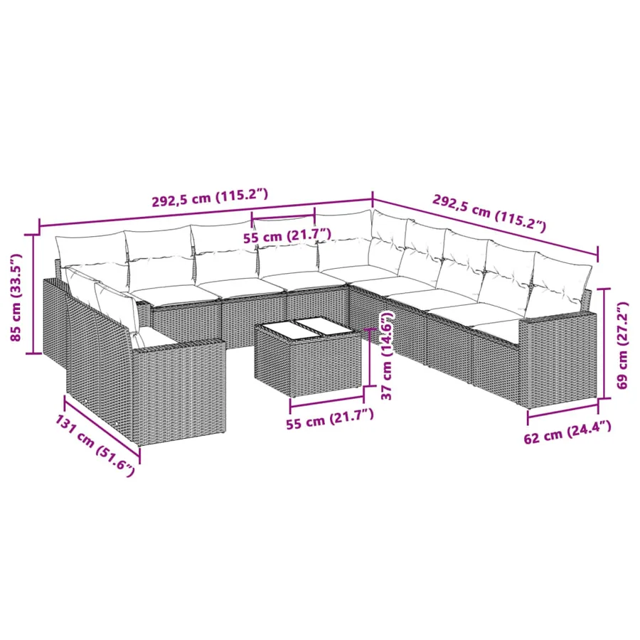 Salon de jardin avec coussins 12 pcs gris clair résine tressée - 3