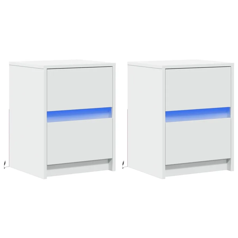 Armoires de chevet et lumières LED 2pcs blanc bois d'ingénierie - 3