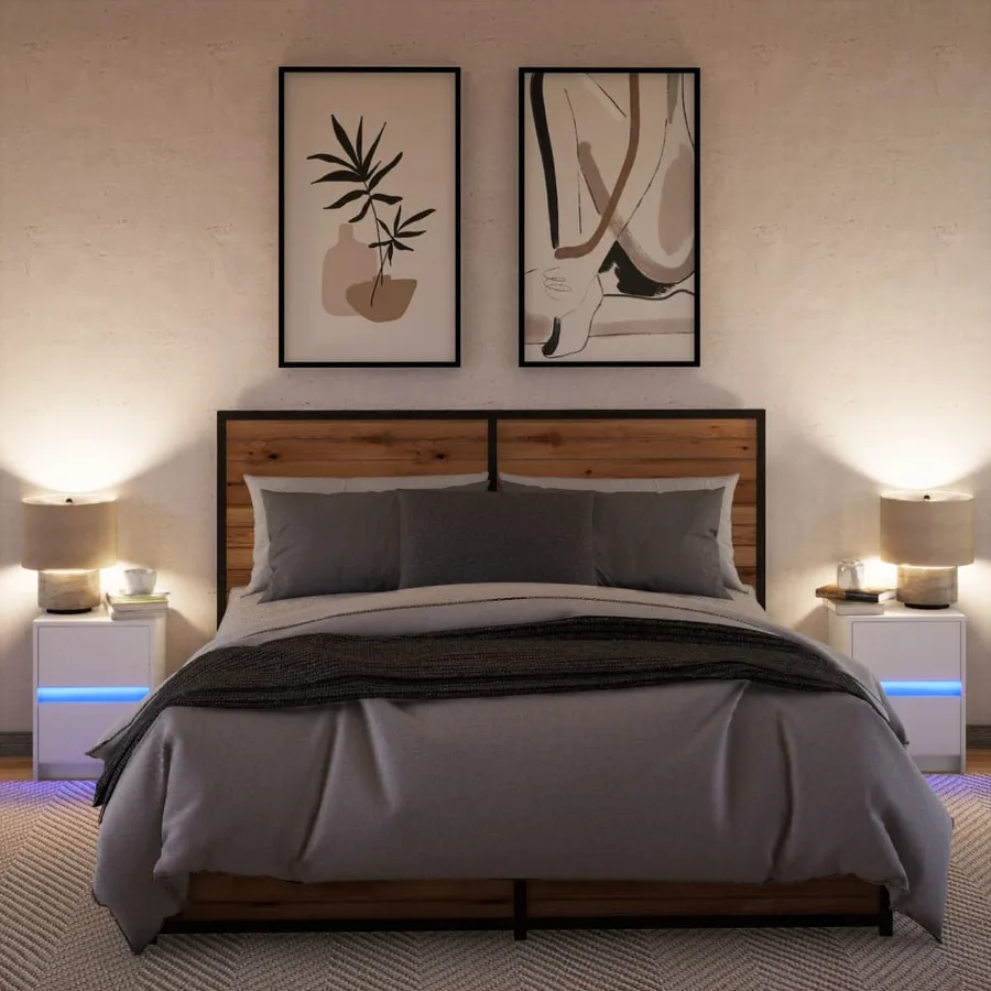 Armoires de chevet et lumières LED 2pcs blanc bois d'ingénierie - 5