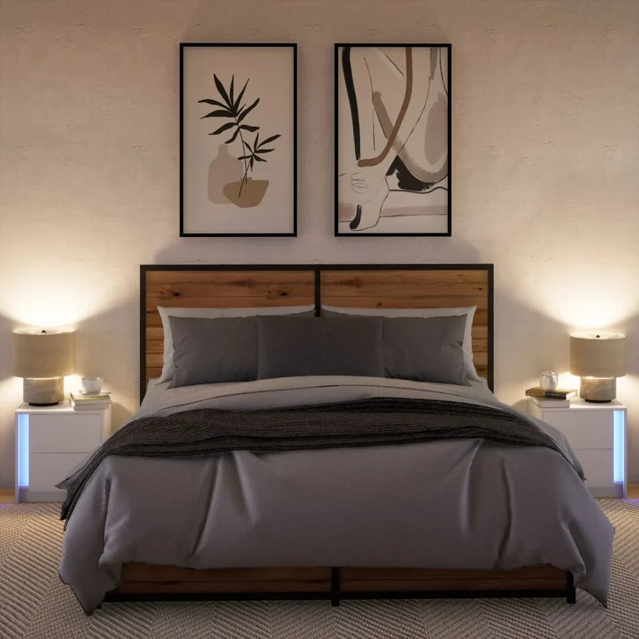 Armoires de chevet et lumières LED 2pcs blanc bois d'ingénierie - 5