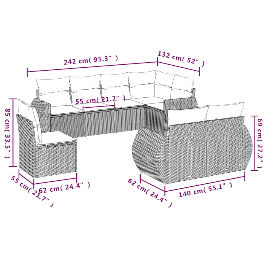 Salon de jardin 8 pcs avec coussins gris clair résine tressée - 7