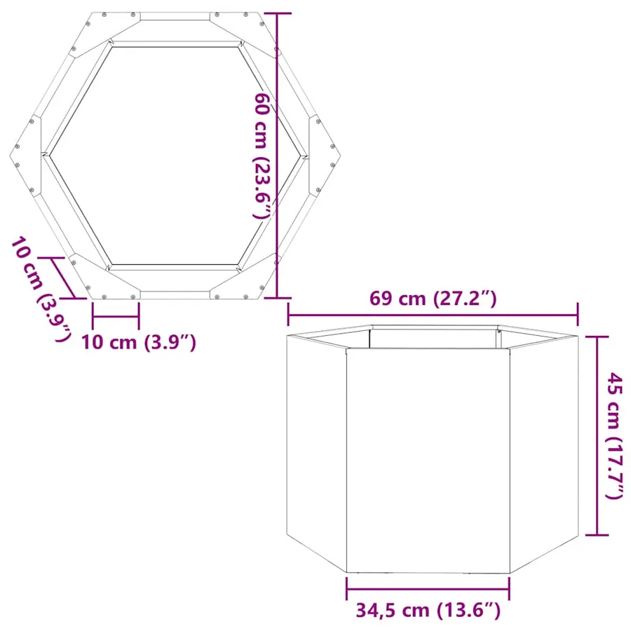 Jardinière hexagone 69x60x45 cm acier inoxydable - 10