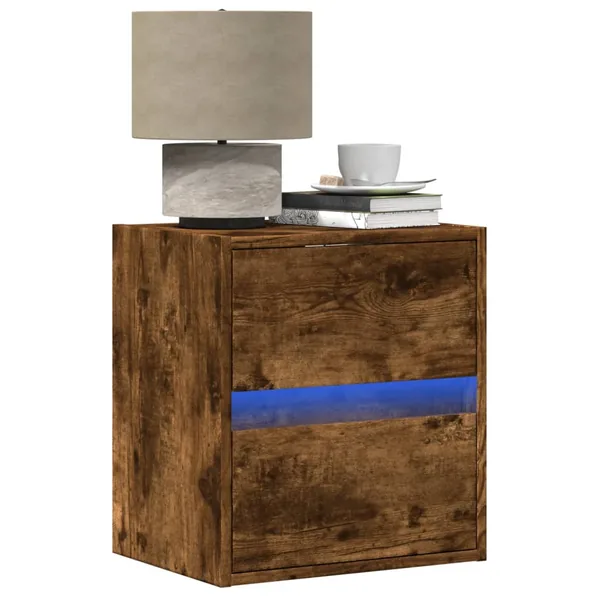 Table de chevet murale avec lumières LED chêne fumé