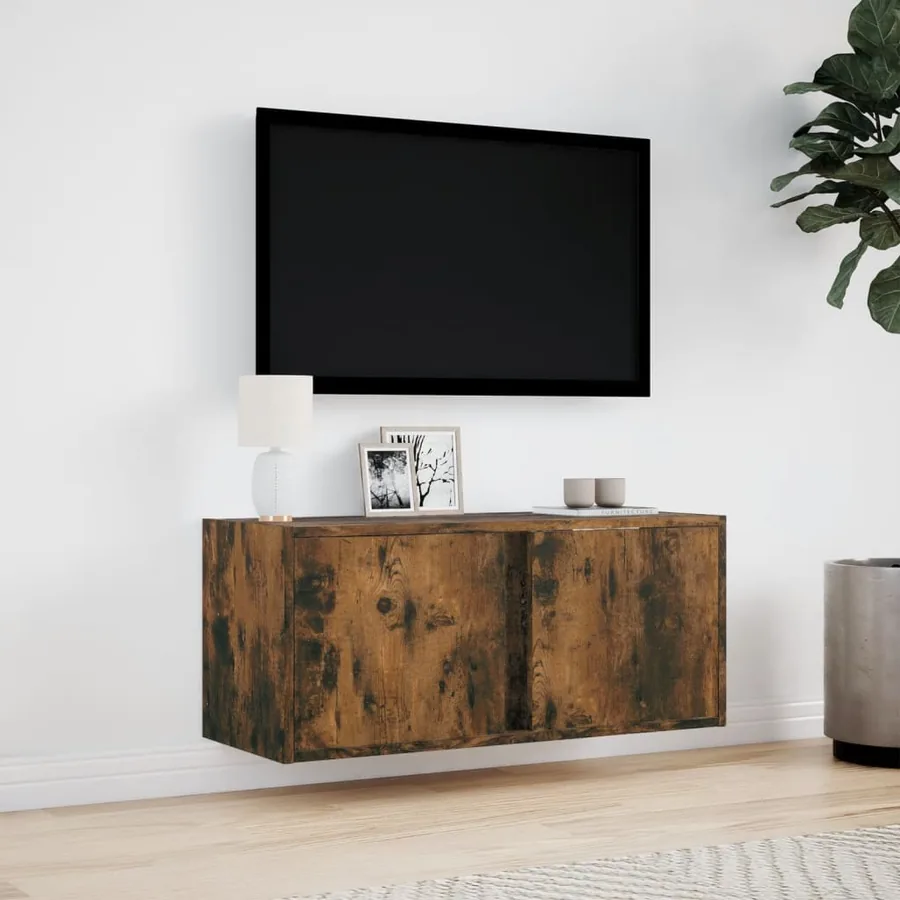 Meuble TV mural avec lumières LED chêne fumé 80x31x35 cm - 4