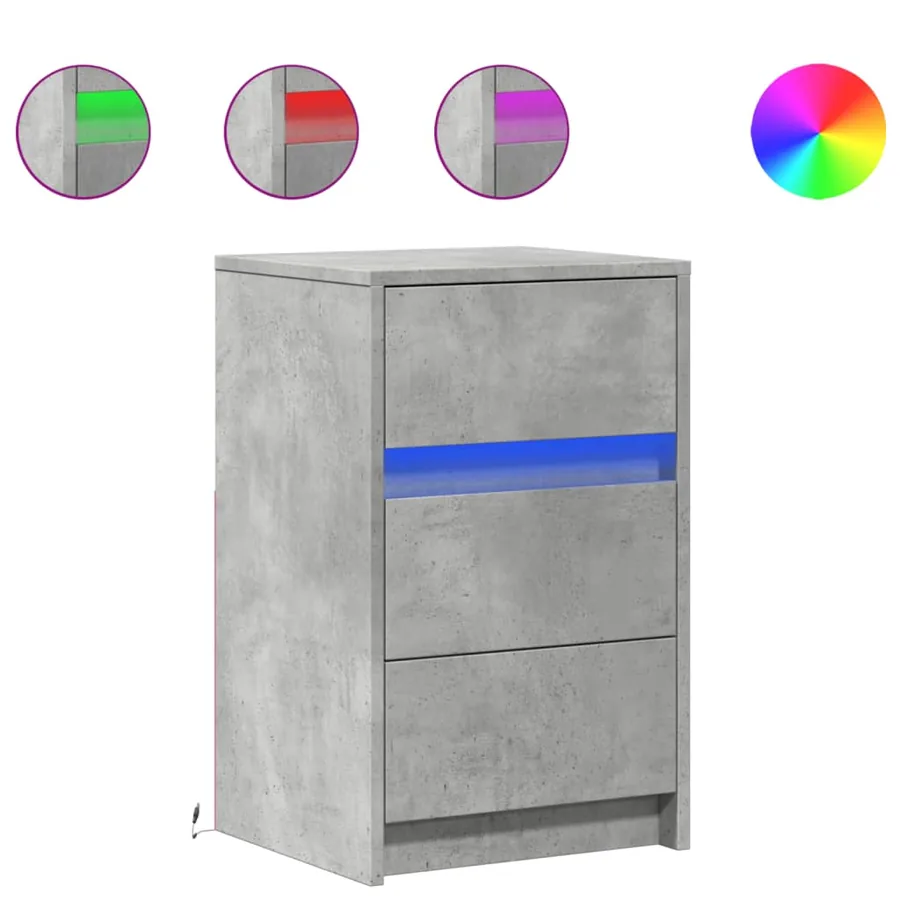 Armoire de chevet et lumières LED gris béton bois d'ingénierie - 2