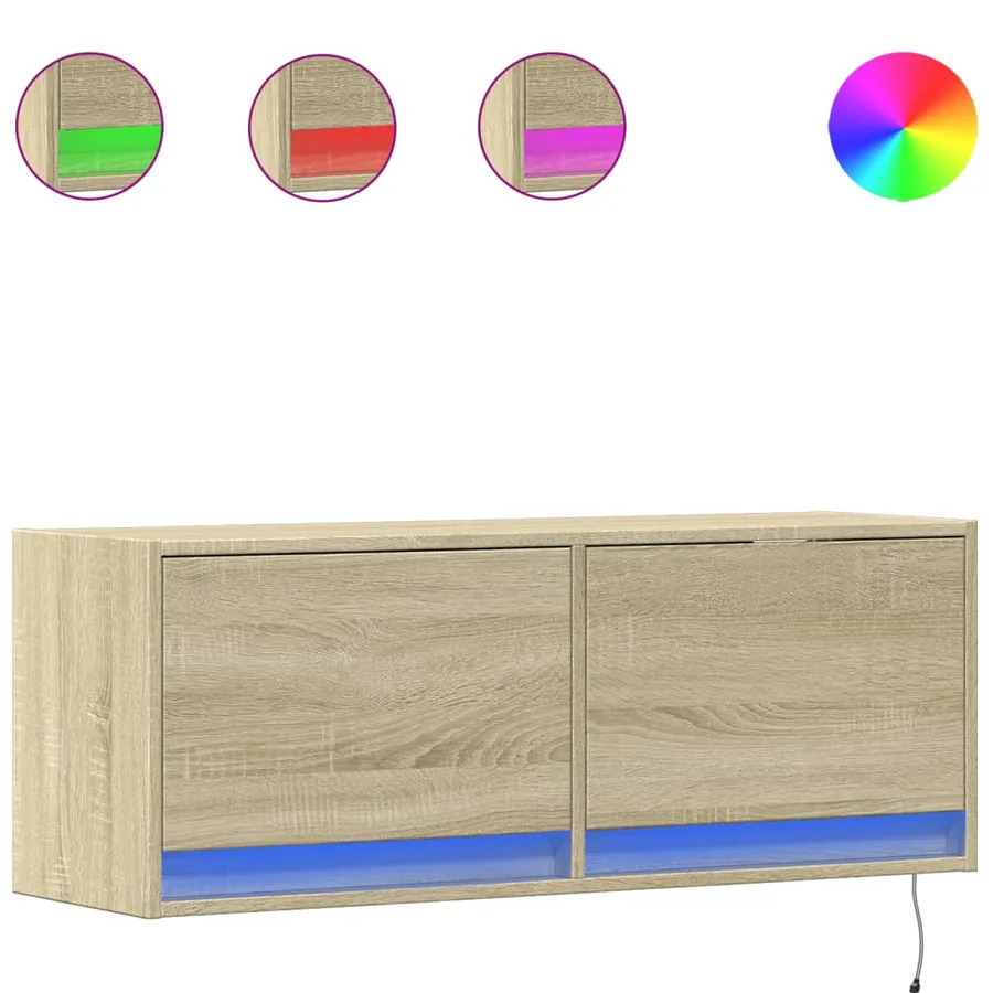 Meuble TV mural avec lumières LED chêne sonoma 100x31x35 cm - 2