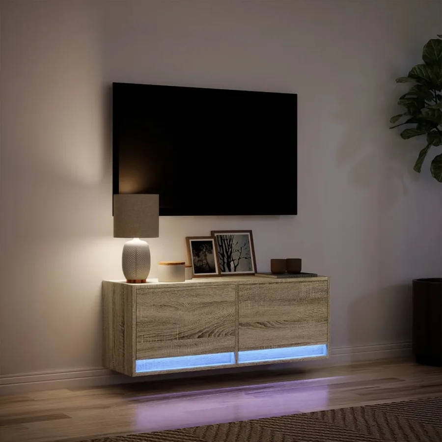 Meuble TV mural avec lumières LED chêne sonoma 100x31x35 cm - 5