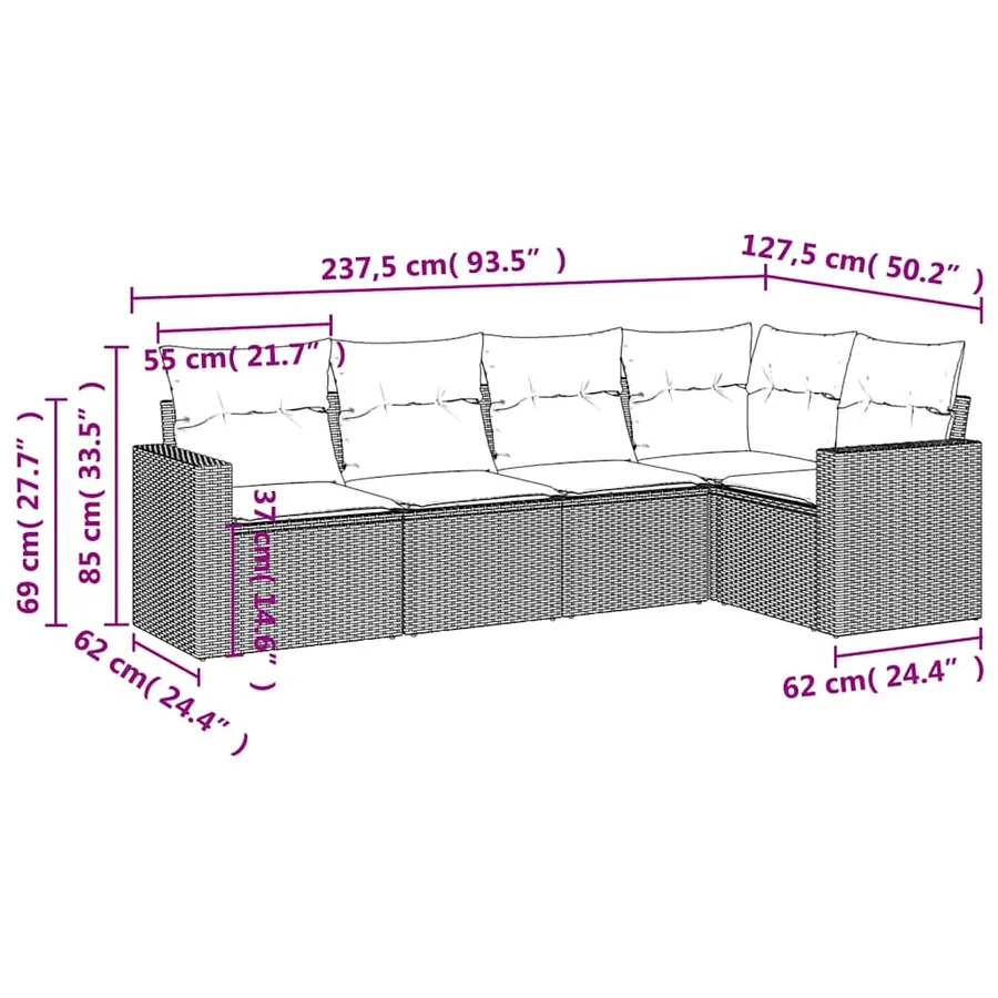 Salon de jardin 5 pcs avec coussins gris clair résine tressée - 3