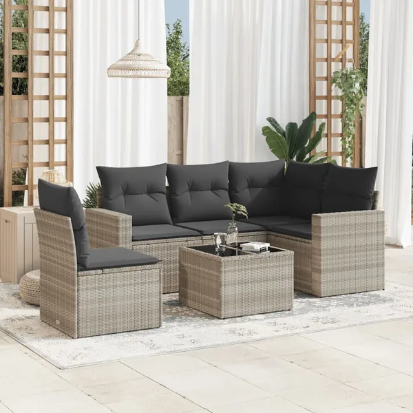 Salon de jardin 6 pcs avec coussins gris clair résine tressée
