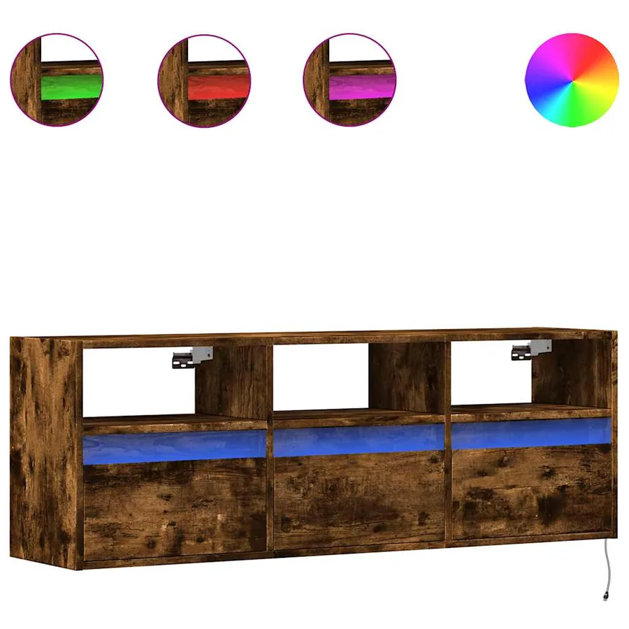 Meuble TV mural avec lumières LED chêne fumé 130x31x45 cm - 2