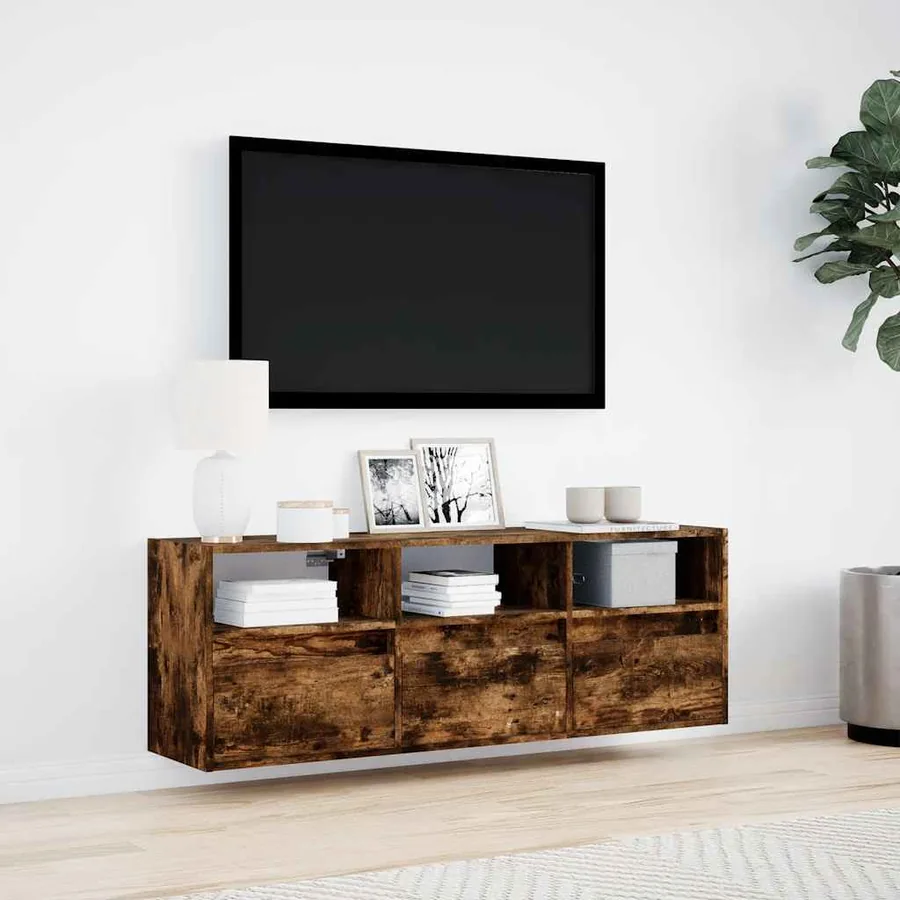Meuble TV mural avec lumières LED chêne fumé 130x31x45 cm - 4