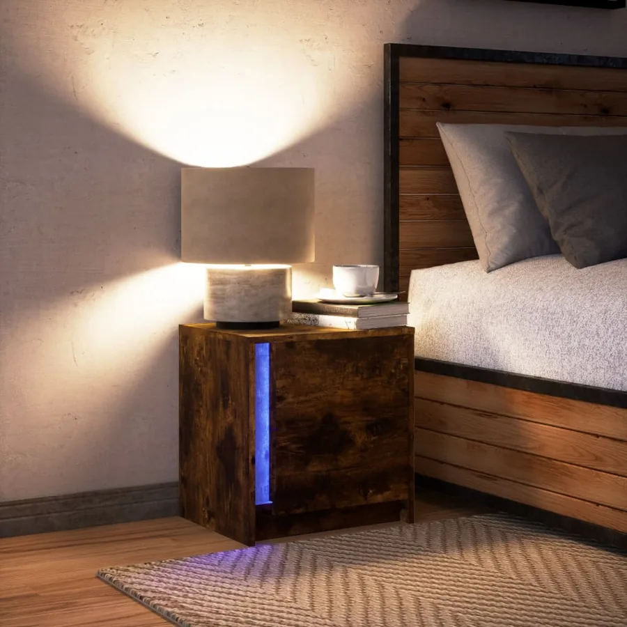 Armoire de chevet et lumières LED chêne fumé bois d'ingénierie - 5