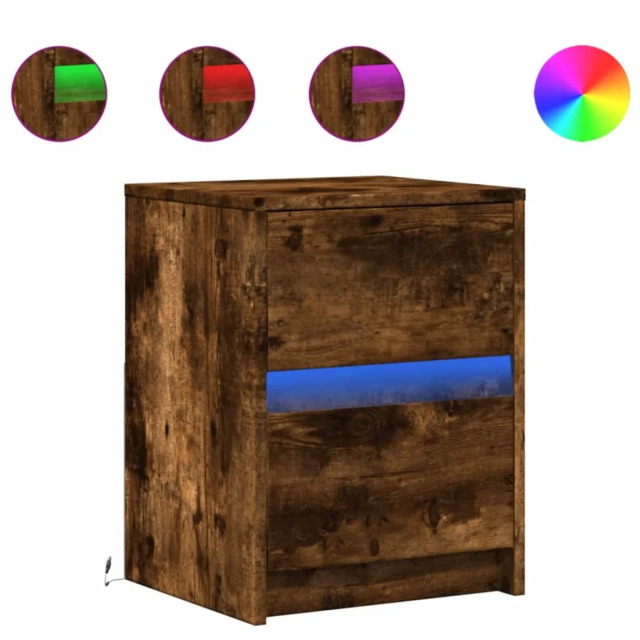 Armoire de chevet et lumières LED chêne fumé bois d'ingénierie - 2