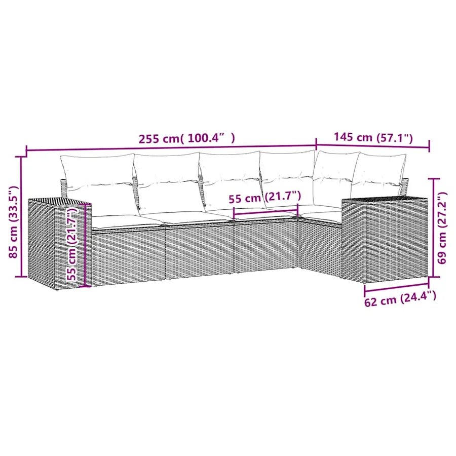 Salon de jardin 5 pcs avec coussins gris clair résine tressée - 7