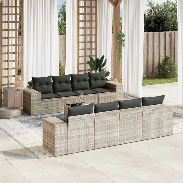 Salon de jardin 9 pcs avec coussins gris clair résine tressée