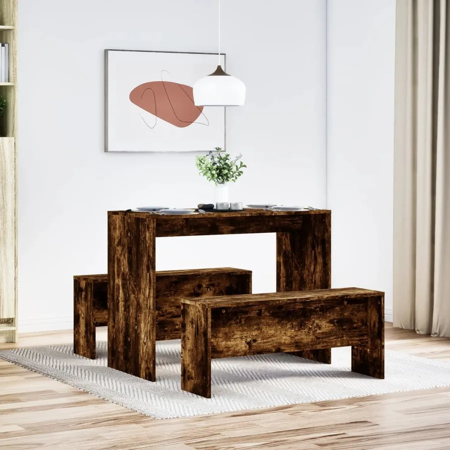 Ensemble table à manger et bancs 3 pcs bois d'ingénierie - 3