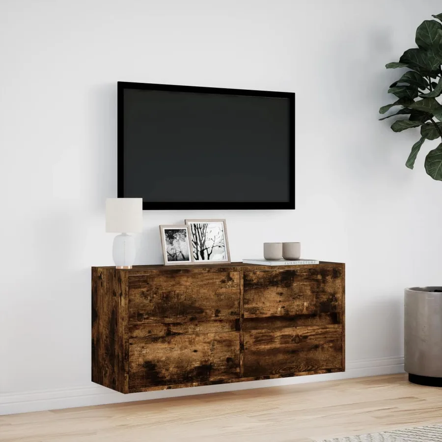 Meuble TV mural avec lumières LED chêne fumé 100x31x45 cm - 4