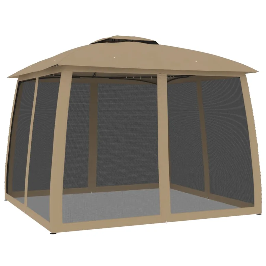 Tonnelle avec double toit et parois en filet taupe acier - 5