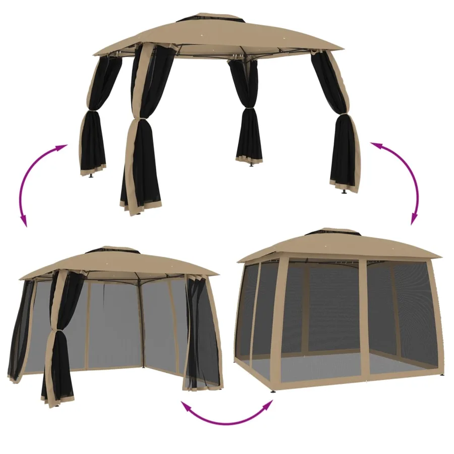 Tonnelle avec double toit et parois en filet taupe acier - 6
