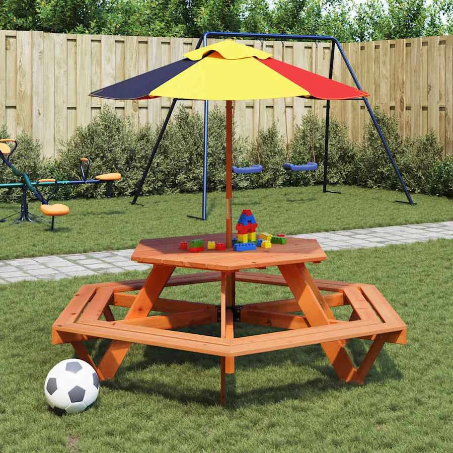 Table de pique-nique pour 6 enfants avec bancs hexagonal sapin - 3