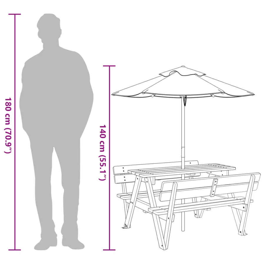 Table de pique-nique pour 4 enfants avec parasol bois de sapin - 12