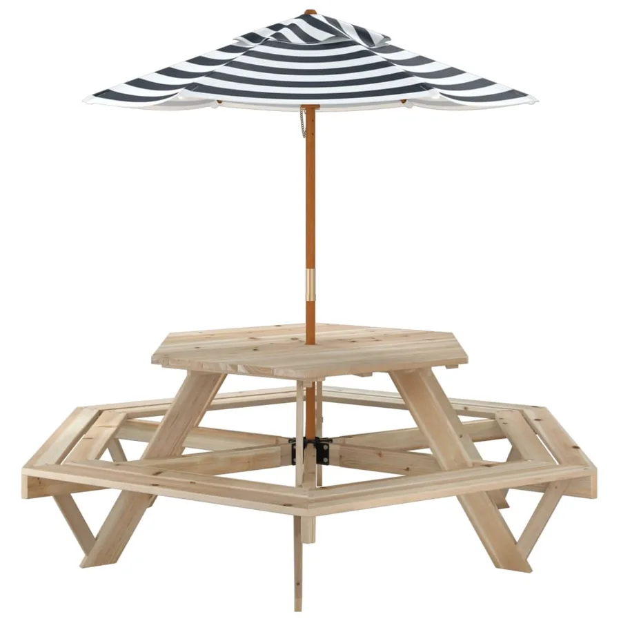 Table de pique-nique pour 6 enfants avec parasol hexagone sapin - 5