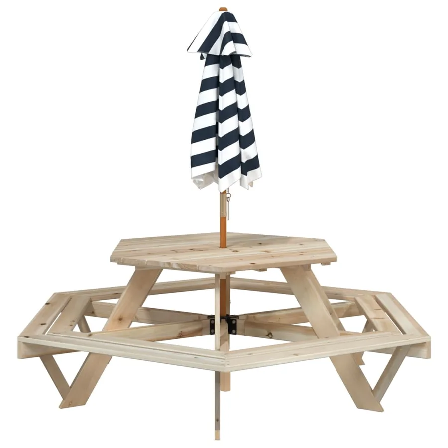 Table de pique-nique pour 6 enfants avec parasol hexagone sapin - 6