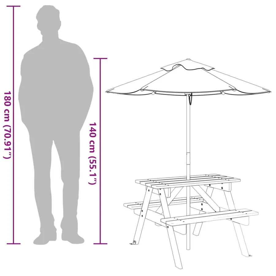 Table de pique-nique pour 4 enfants avec parasol bois de sapin - 12