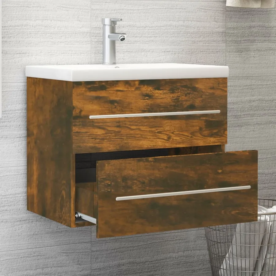 Meuble lavabo avec bassin intégré Chêne fumé Bois d'ingénierie - 3