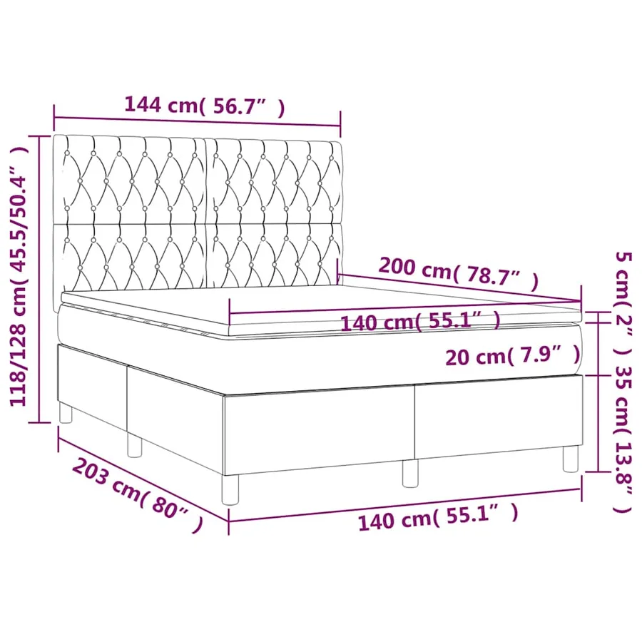 Sommier à lattes de lit et matelas et LED Noir 140x200 cm Tissu - 8