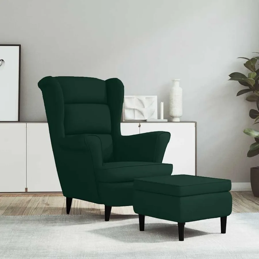 Fauteuil à oreilles avec tabouret vert foncé velours
