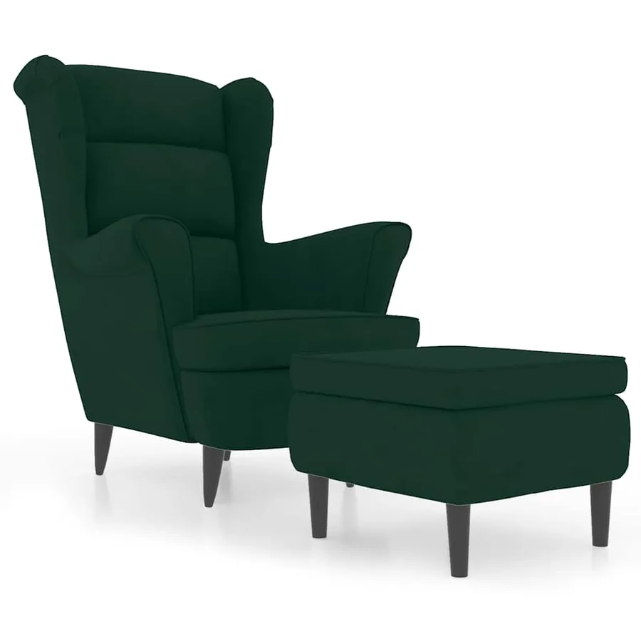 Fauteuil à oreilles avec tabouret vert foncé velours - 2
