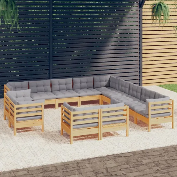 Salon de jardin 13 pcs avec coussins gris Bois de pin solide