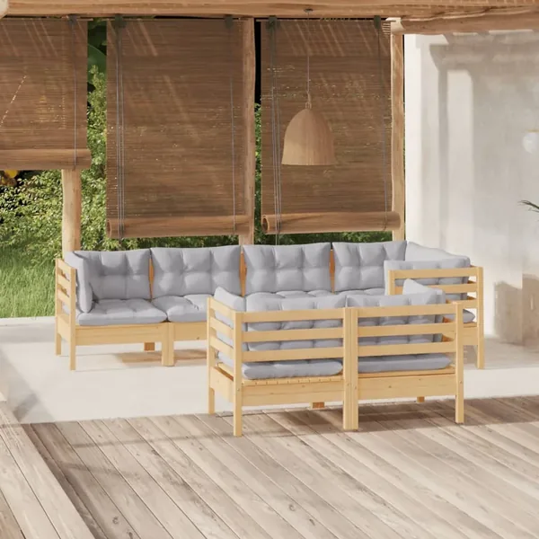 Salon de jardin 7 pcs avec coussins gris bois de pin massif