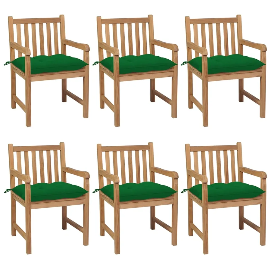 Chaises de jardin lot de 6 et coussins vert Bois de teck solide