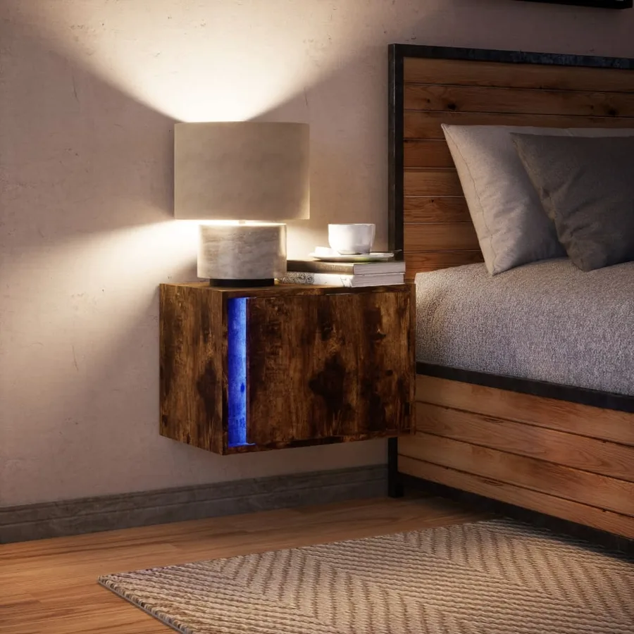 Table de chevet murale avec lumières LED chêne fumé - 5