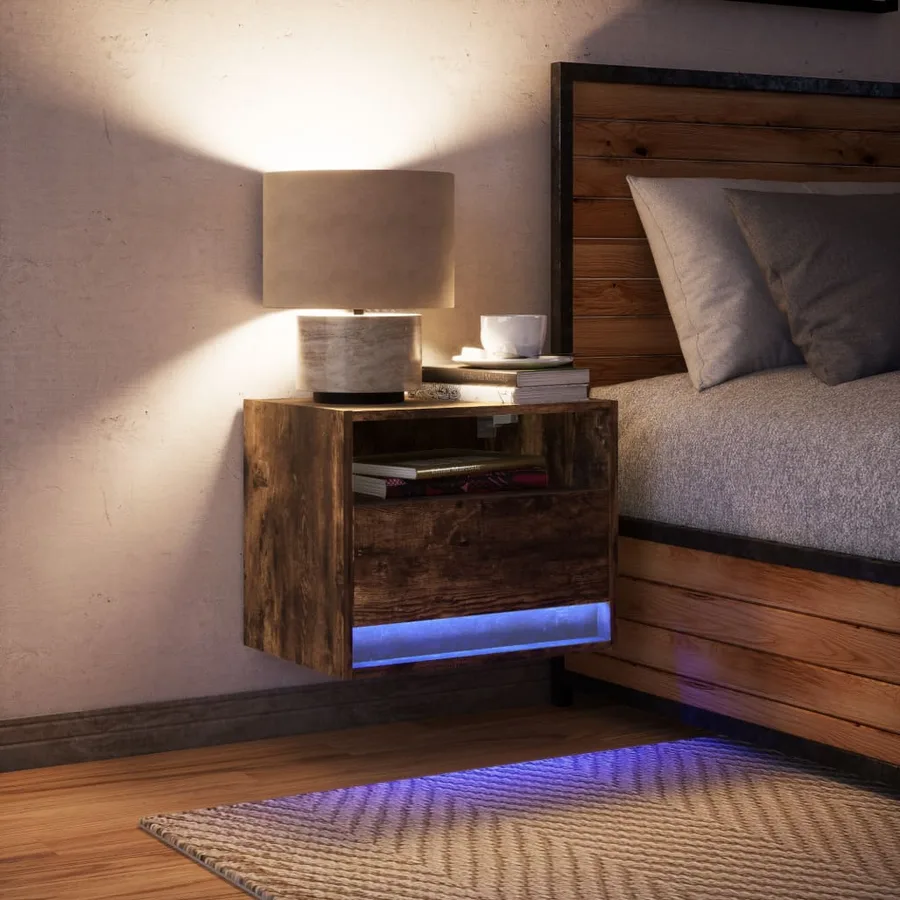 Table de chevet murale avec lumières LED chêne fumé - 5