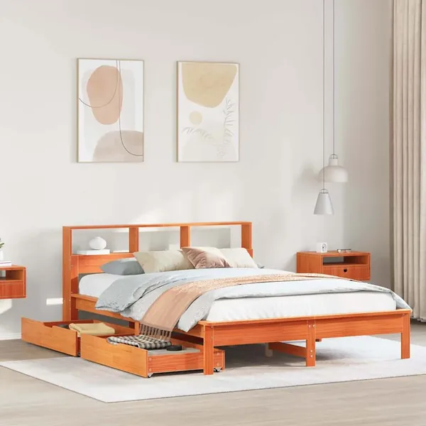 Lit bibliothèque sans matelas cire marron 120x190cm pin massif