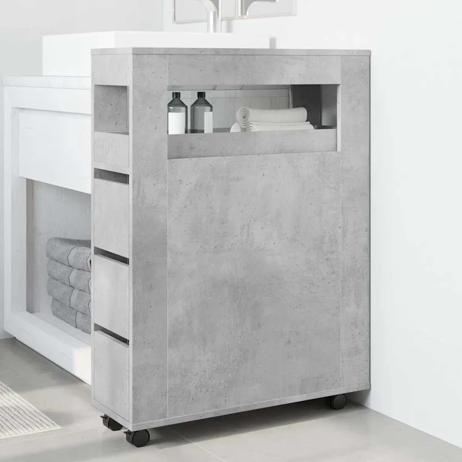 Meuble étroit de salle de bain à roulettes gris béton - 3