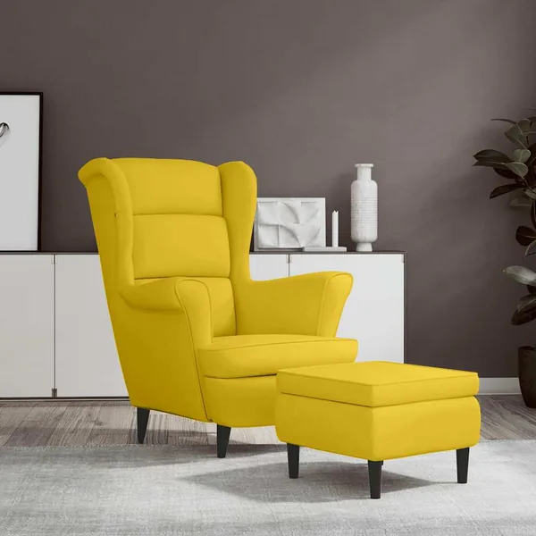 Fauteuil à oreilles avec tabouret jaune moutarde velours