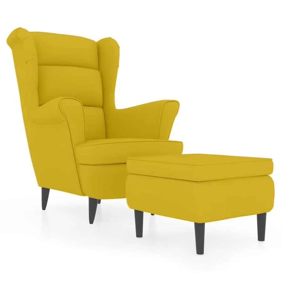 Fauteuil à oreilles avec tabouret jaune moutarde velours - 2
