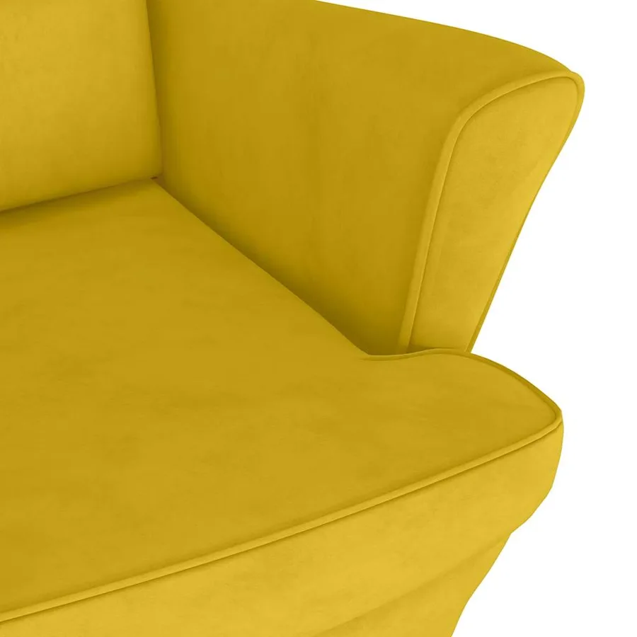 Fauteuil à oreilles avec tabouret jaune moutarde velours - 7