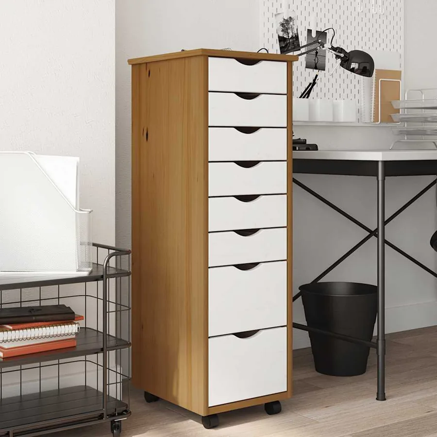 Armoire roulante avec tiroirs MOSS bois de pin marron miel