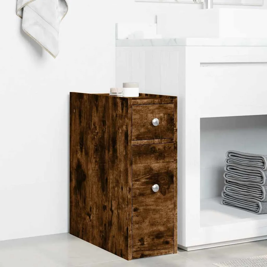Armoire de salle de bain étroite avec roulettes chêne fumé - 3