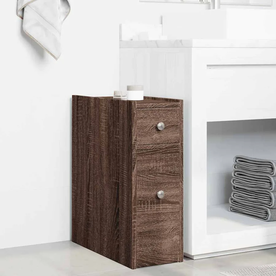 Armoire de salle de bain étroite avec roulettes chêne marron - 3