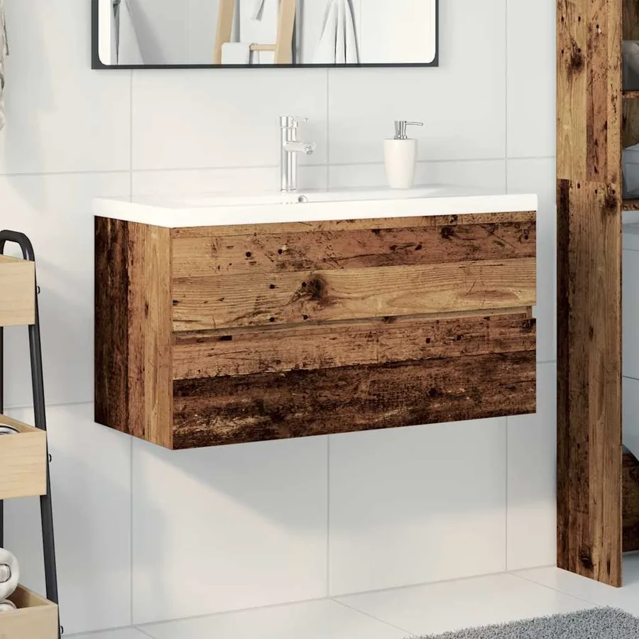 Meuble lavabo avec bassin et robinet intégrés vieux bois - 3
