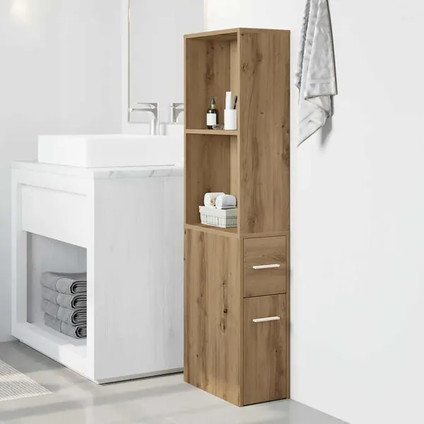 Armoire de salle de bain étroite avec roulettes chêne artisanal