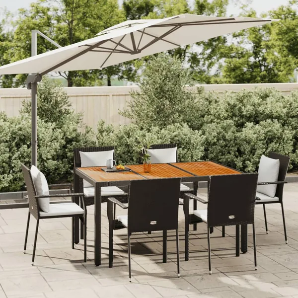 Ensemble à manger de jardin coussins 7pcs Noir Résine tressée