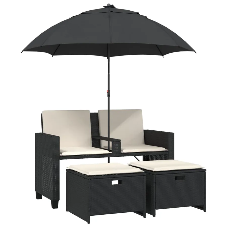 Canapé de jardin 2 places avec parasol et tabourets noir rotin - 2